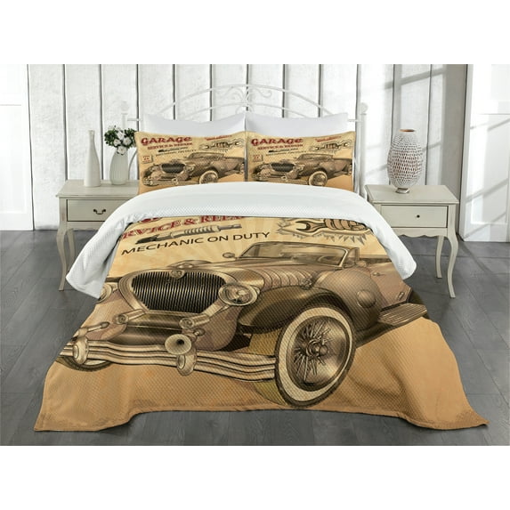 Ambesonne Vintage Quilted Bedspread Set 3 Pcs, Old Style Car Repair, King Size, Sepia Red
