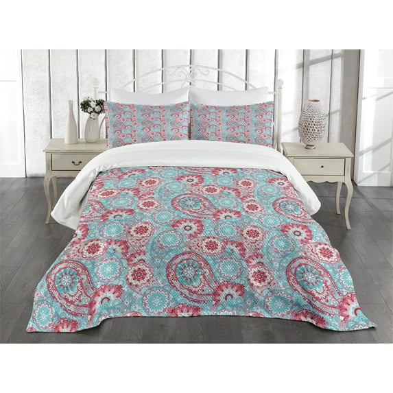 Ambesonne Vintage Quilted Bedspread Set 3 Pcs, Oriental Spring Flowers, Queen Size, Pink Pale Blue