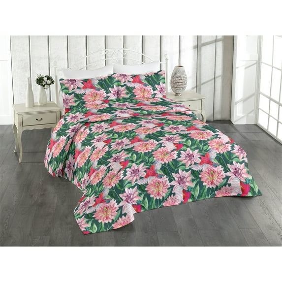 Ambesonne Vintage Quilted Bedspread Set 3 Pcs, Pink Flowers Hand-Drawn Art, King, Dark Coral and Jade Green