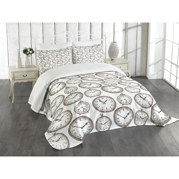 Ambesonne Vintage Quilted Bedspread Set 3 Pcs, Pocket Wath with Number, Queen Size, Brown