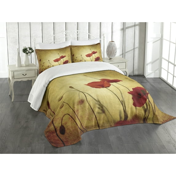 Ambesonne Vintage Quilted Bedspread Set 3 Pcs, Poppy Flowers Bohemian, King Size, Pale Brown Vermilion