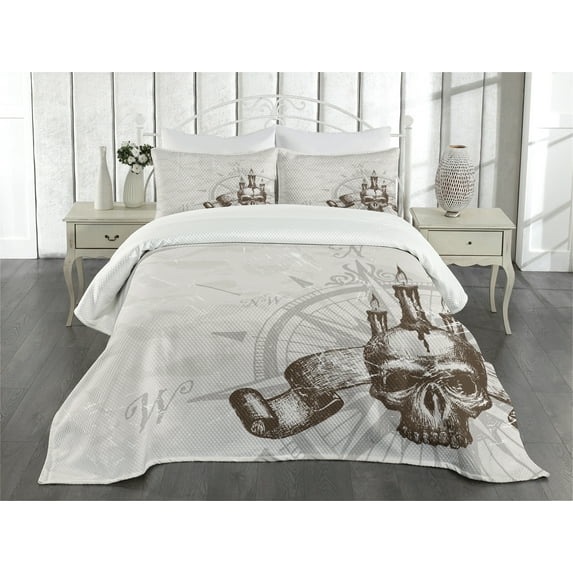 Ambesonne Vintage Quilted Bedspread Set 3 Pcs, Priate Skull Compass, King Size, Brown Pearl Grey