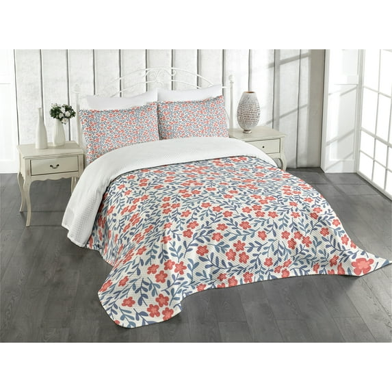 Ambesonne Vintage Quilted Bedspread Set 3 Pcs, Retro Bohemian Floral, King Size, Red Blue White