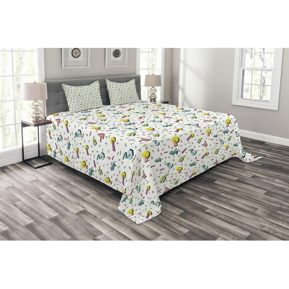 Ambesonne Vintage Quilted Bedspread Set 3 Pcs, Retro Geometric Doodle, Queen Size, Multicolor