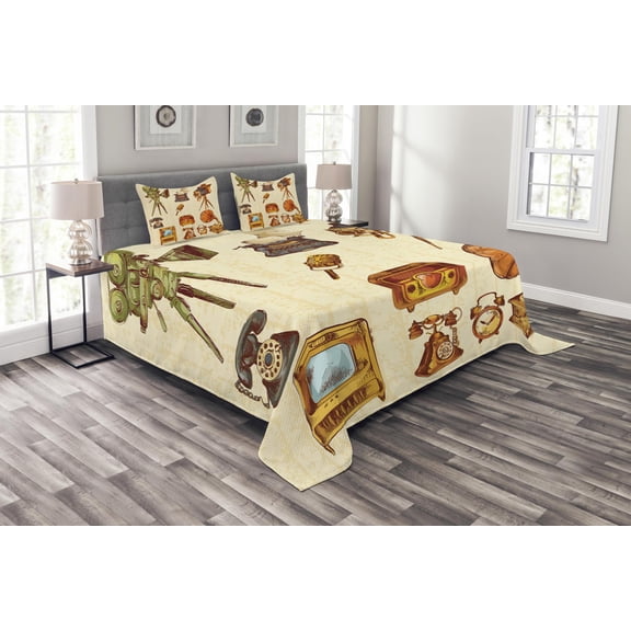 Ambesonne Vintage Quilted Bedspread Set 3 Pcs, Retro Old Technology, Queen Size, Cream and Pale Caramel