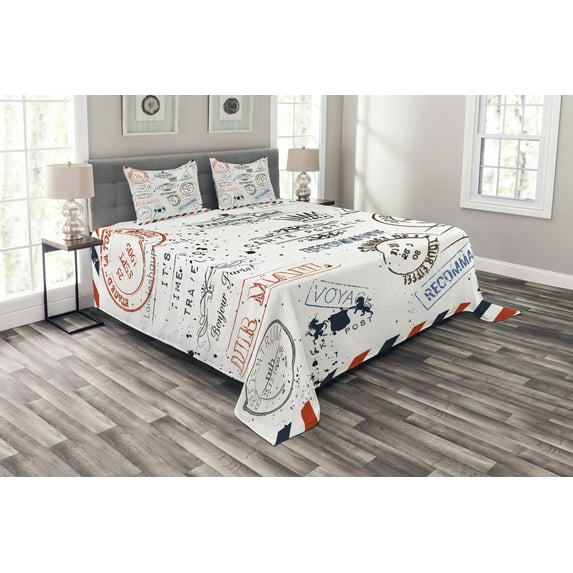 Ambesonne Vintage Quilted Bedspread Set 3 Pcs, Retro Post Stamp Design, Queen Size, Multicolor