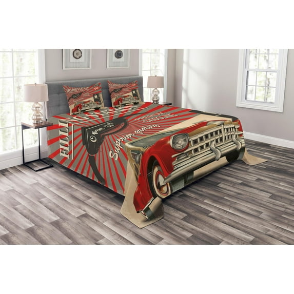 Ambesonne Vintage Quilted Bedspread Set 3 Pcs, Retro Poster Effect, Queen Size, Vermilion Beige