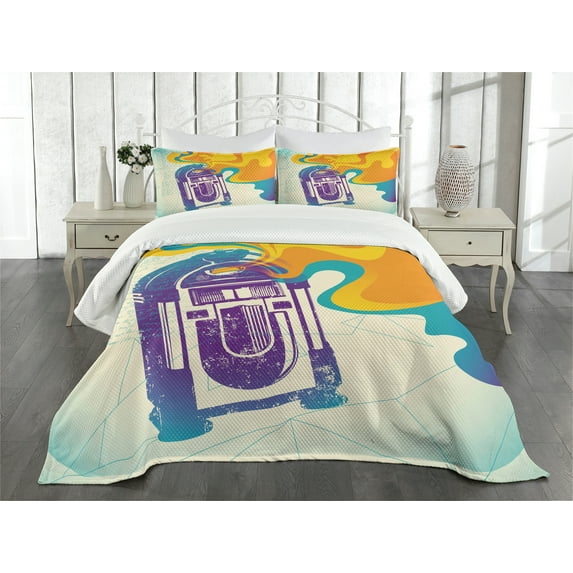 Ambesonne Vintage Quilted Bedspread Set 3 Pcs, Retro Vintage Radio Music, Queen Size, Purple and Blue