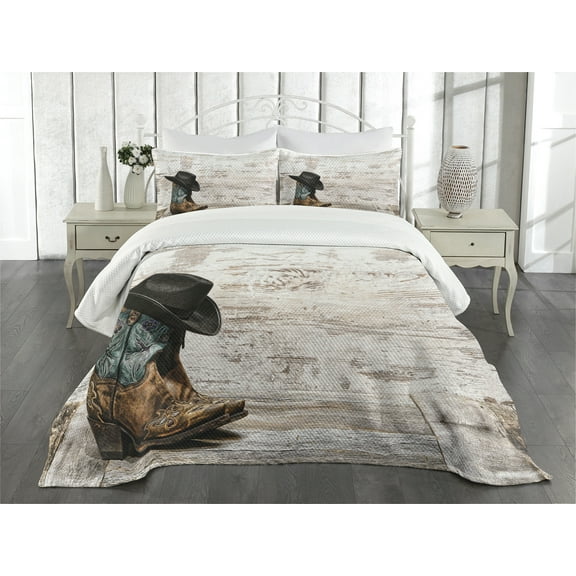 Ambesonne Vintage Quilted Bedspread Set 3 Pcs, Rodeo Cowboy Grunge Hat, King Size, Black Brown