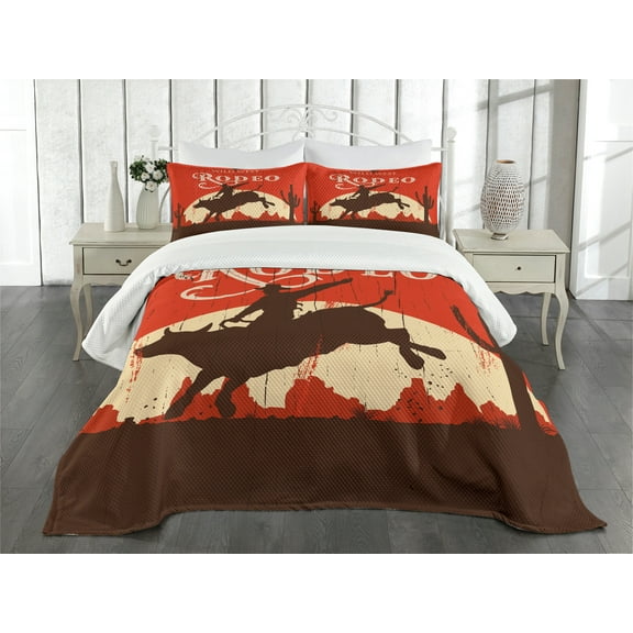Ambesonne Vintage Quilted Bedspread Set 3 Pcs, Rodeo Cowboy Rides Bull, Queen Size, Orange Brown