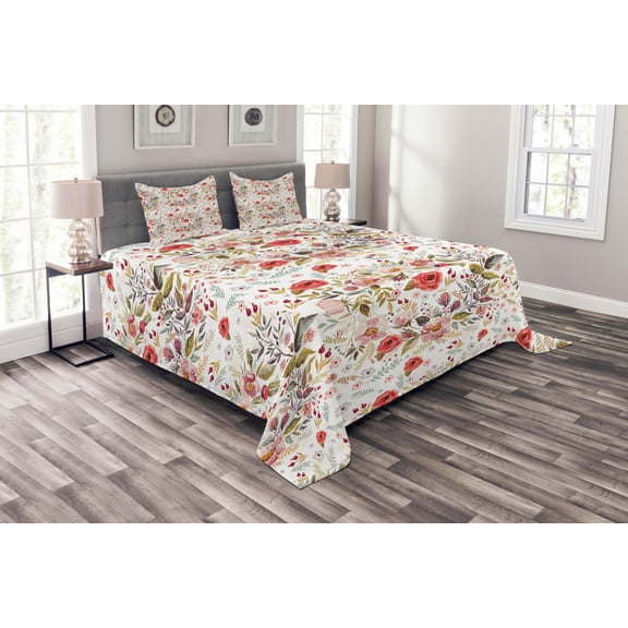 Ambesonne Vintage Quilted Bedspread Set 3 Pcs, Romantic Feminine Spring, King Size, Multicolor