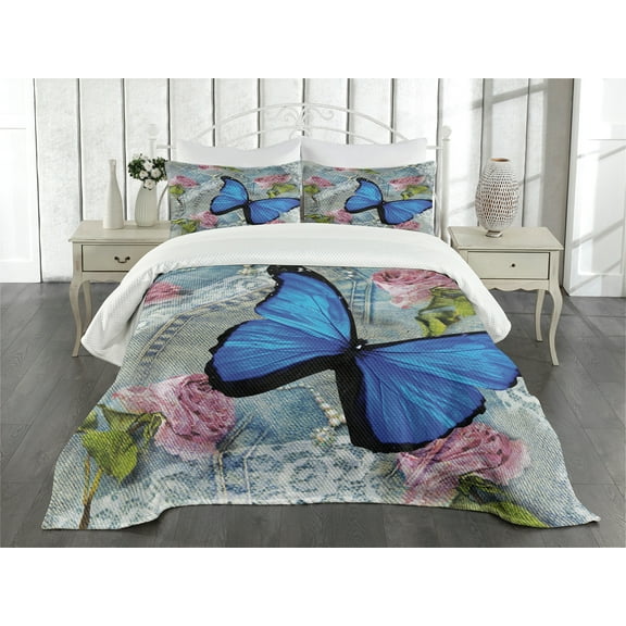 Ambesonne Vintage Quilted Bedspread Set 3 Pcs, Roses Pearls and Butterly, Queen Size, Multicolor