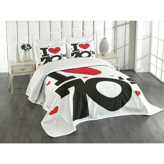 Ambesonne Vintage Quilted Bedspread Set 3 Pcs, Seventies Hearts, Queen Size, Black Red