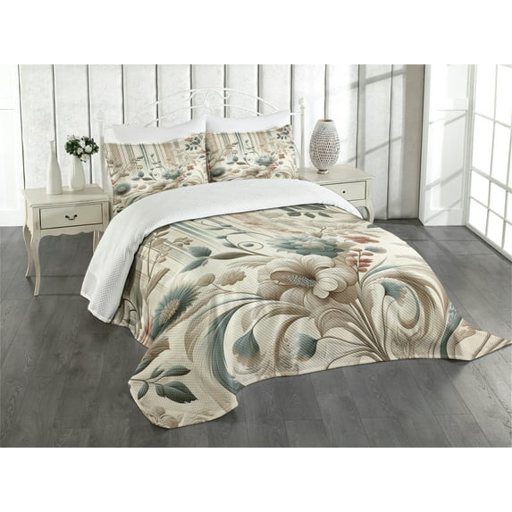 Ambesonne Vintage Quilted Bedspread Set 3 Pcs, Soft Color Floral Nostalgia, King Size, Eggshell Pale Slate Blue