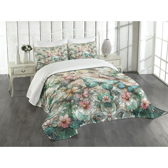 Ambesonne Vintage Quilted Bedspread Set 3 Pcs, Spring Aura Daisy Garden, Queen Size, Aqua Blush Off White