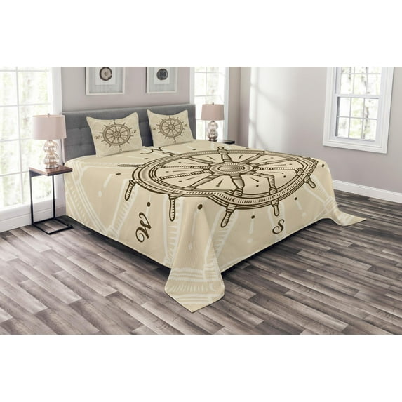 Ambesonne Vintage Quilted Bedspread Set 3 Pcs, Steering Wheel Travel, King Size, Beige Brown
