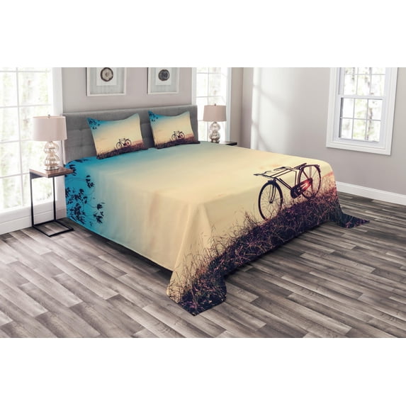 Ambesonne Vintage Quilted Bedspread Set 3 Pcs, Sunset Bicycle Pastel, King Size, Pale Blue Black and Peach