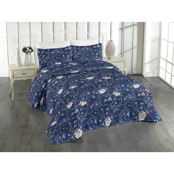 Ambesonne Vintage Quilted Bedspread Set 3 Pcs, Tiny Design Floral Pattern, Queen, Dark Lavender and Olive Green