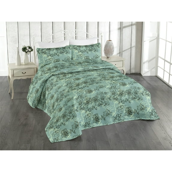 Ambesonne Vintage Quilted Bedspread Set 3 Pcs, Victorian Curlicue Leaves, Twin, Almond Green and Black