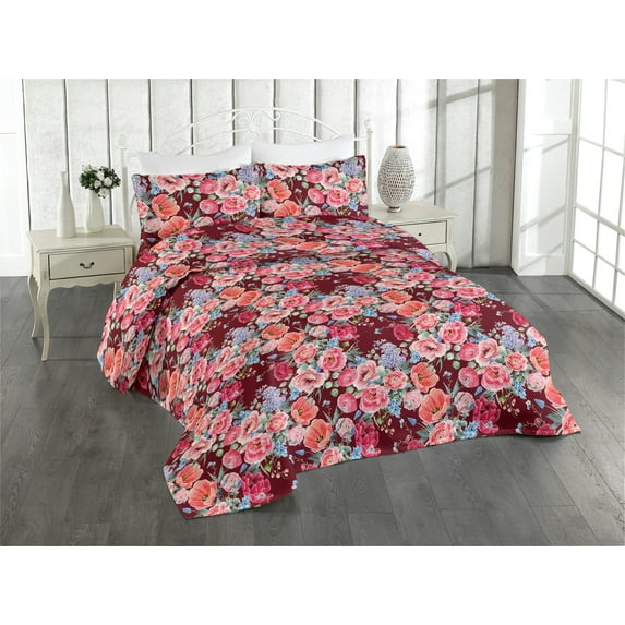 Ambesonne Vintage Quilted Bedspread Set 3 Pcs, Watercolor Summer Flowers, Twin, Dark Coral and Sage Green