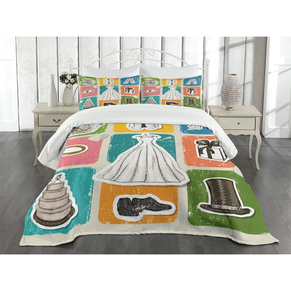 Ambesonne Vintage Quilted Bedspread Set 3 Pcs, Wedding Theme Poster, Queen Size, Multicolor