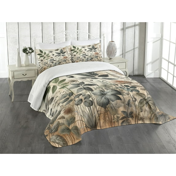 Ambesonne Vintage Quilted Bedspread Set 3 Pcs, Witchcore Medieval Leaves, Queen Size, Pale Mustard Laurel Green