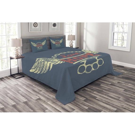 Ambesonne Vintage Quilted Bedspread Set 3 Pcs, Words for Bikers, Queen Size, Pale Yellow Slate Blue
