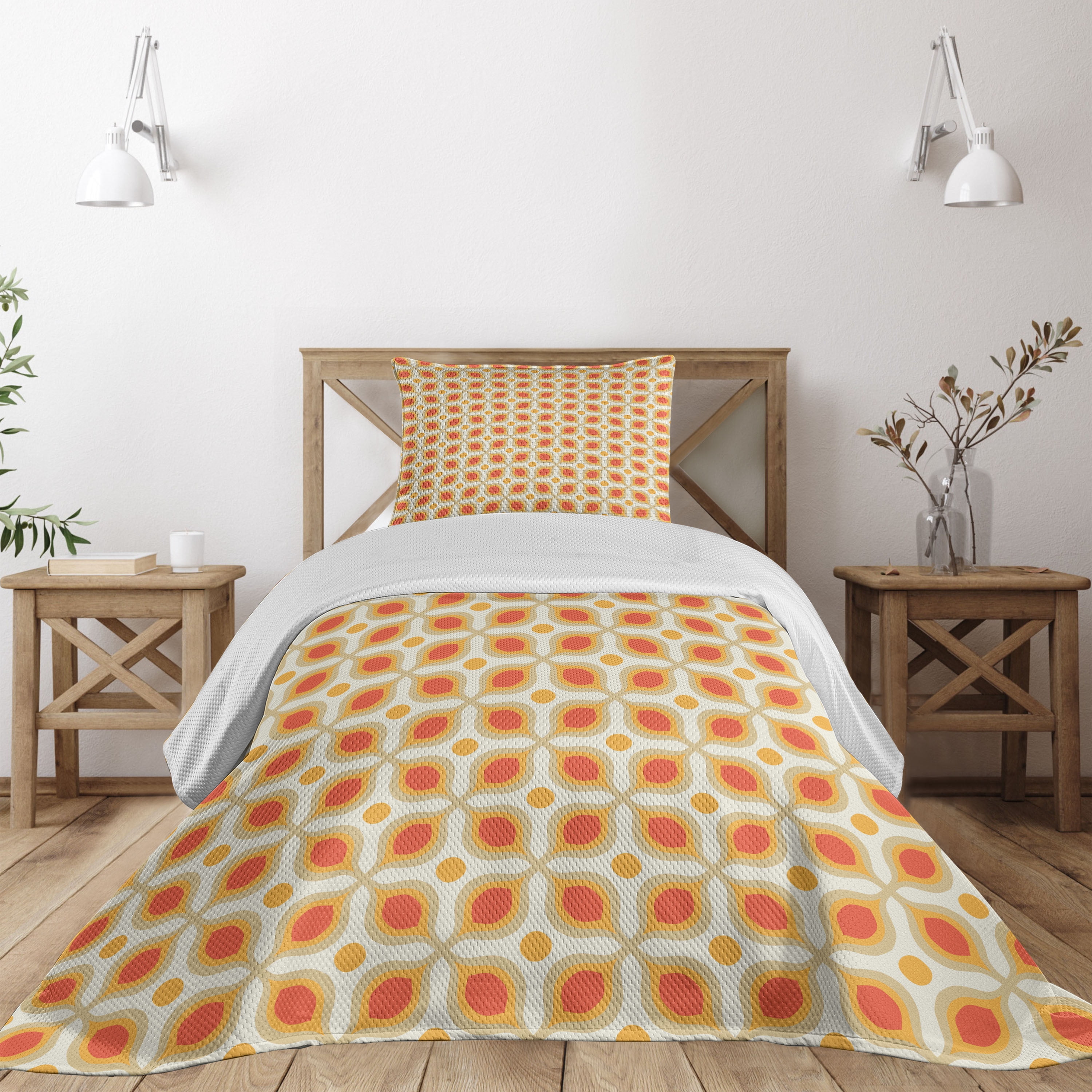 Twin White and Orange Geometric Quilted Bedspread Set