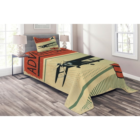 Ambesonne Vintage Quilted Coverlet 2 Pcs, Adventure with Plane, Twin Size, Multicolor