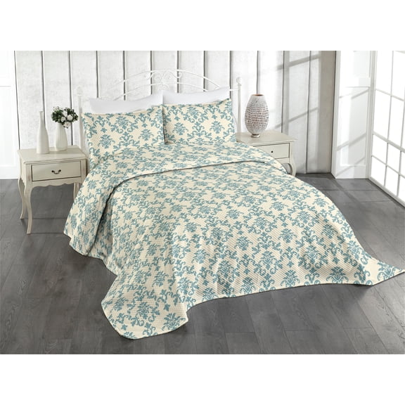 Ambesonne Vintage Quilted Coverlet 2 Pcs, Art Nouveau Swirly Floral, Twin Size, Cream Cadet Blue