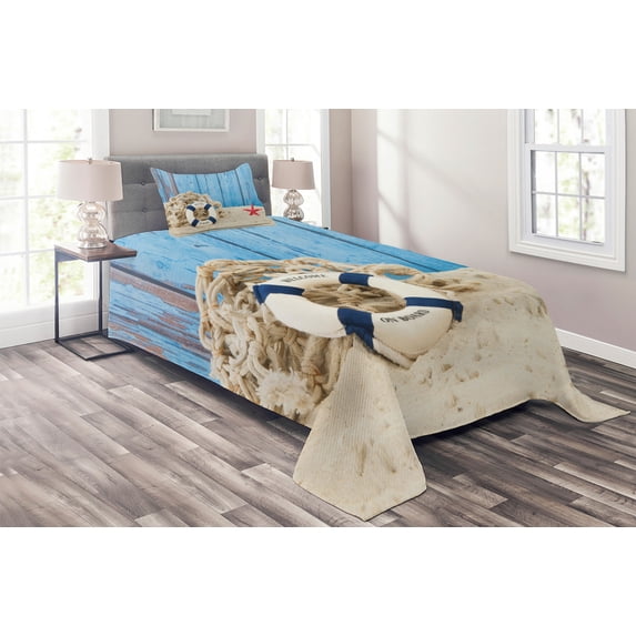 Ambesonne Vintage Quilted Coverlet 2 Pcs, Beach Coastline Welcome, Twin Size, Eggshell Blue Red