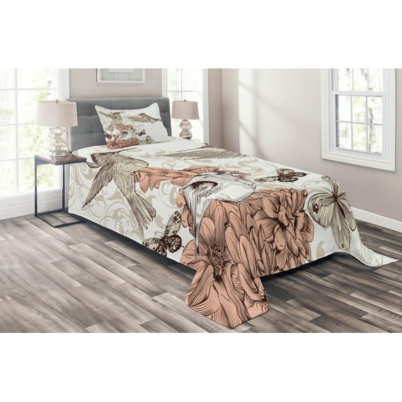 Ambesonne Vintage Quilted Coverlet 2 Pcs, Birds Butterflies Art, Twin Size, Brown Tan