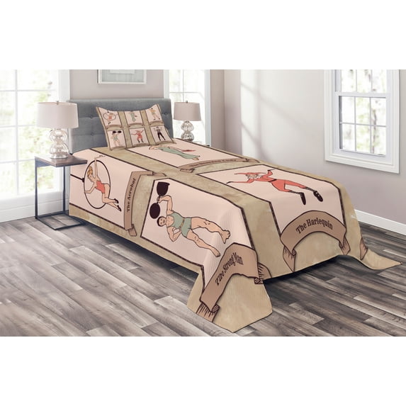 Ambesonne Vintage Quilted Coverlet 2 Pcs, Circus Acrobats Gymnast, Twin Size, Pink Beige