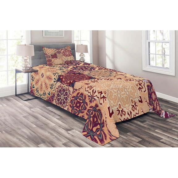 Ambesonne Vintage Quilted Coverlet 2 Pcs, Colorful Retro Floral Tiles, Twin Size, Peach Orange Red