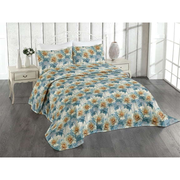 Ambesonne Vintage Quilted Coverlet 2 Pcs, Floral Composition Creamy, Twin Size, Dark Cadet Blue Eggshell