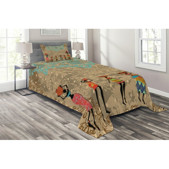 Ambesonne Vintage Quilted Coverlet 2 Pcs, Folkloric Boho African, Twin Size, Seafoam Cocoa