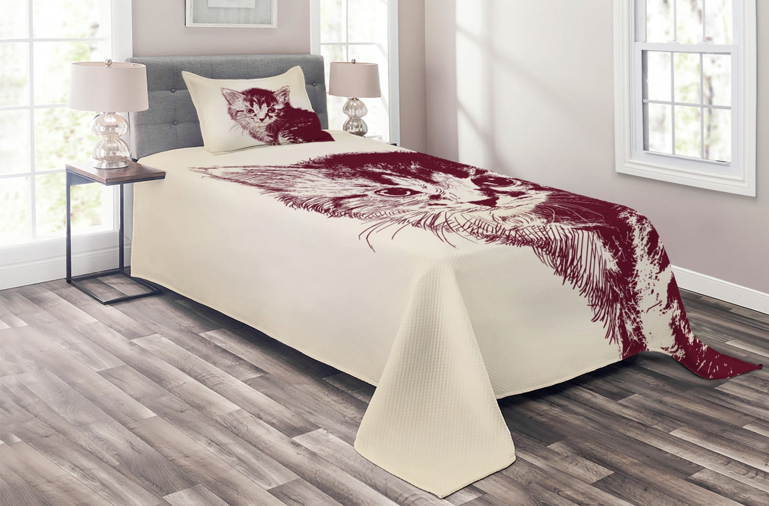 Twin White Quilted Bedspread Set with Cat Design