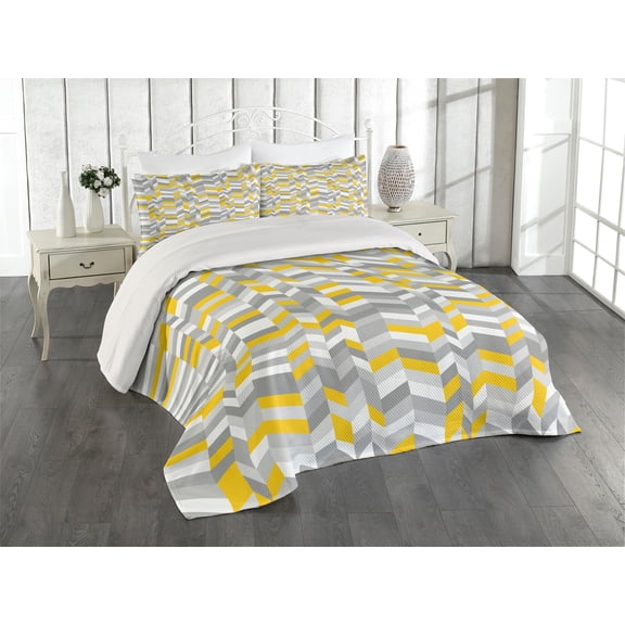 Ambesonne Vintage Quilted Coverlet 2 Pcs, Home Style Zig Zag, Twin Size, Grey Yellow