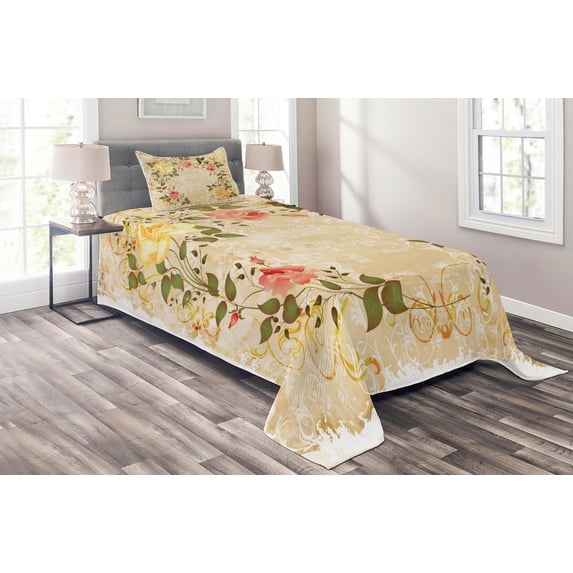 Ambesonne Vintage Quilted Coverlet 2 Pcs, Leaves Roses Floral, Twin Size, Yellow Green Pink
