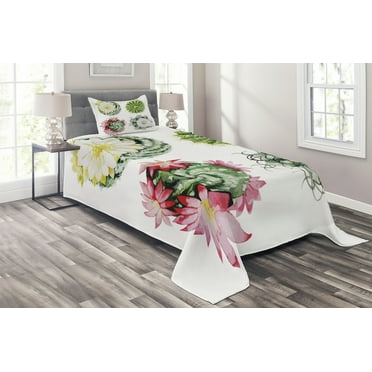 Ambesonne Vintage Quilted Coverlet 2 Pcs, Mexican Retro Funky Cactus, Twin Size, Multicolor