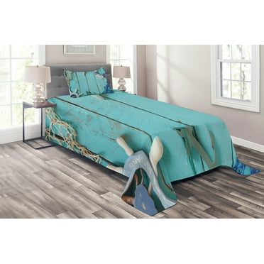 Ambesonne Vintage Quilted Coverlet 2 Pcs, Nautical Ocean Scenery, Twin Size, Turquoise Navy Blue