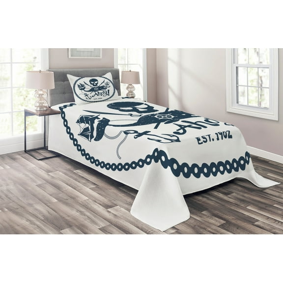 Ambesonne Vintage Quilted Coverlet 2 Pcs, Nautical Pirate Skull, Twin Size, Dark Blue White