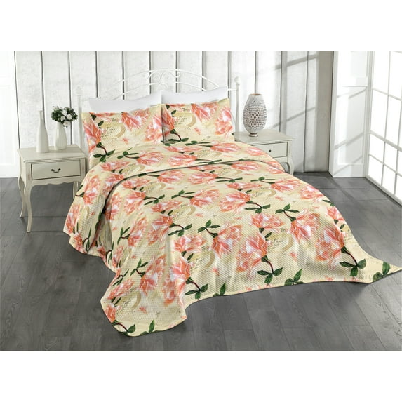 Ambesonne Vintage Quilted Coverlet 2 Pcs, Nostalgic Details Flowers, Twin Size, Beige Coral and Green