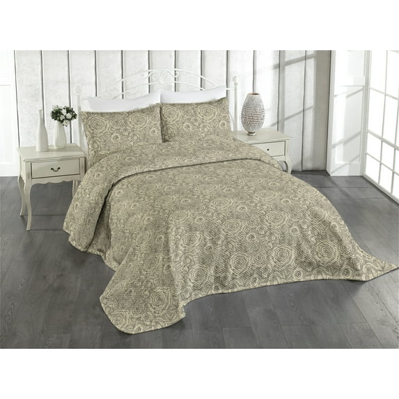 Ambesonne Vintage Quilted Coverlet 2 Pcs, Retro Artwork Roses Leaves, Twin Size, Eggshell Sage Green Taupe