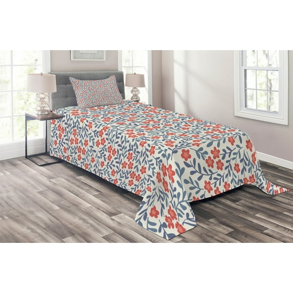 Ambesonne Vintage Quilted Coverlet 2 Pcs, Retro Bohemian Floral, Twin Size, Red Blue White