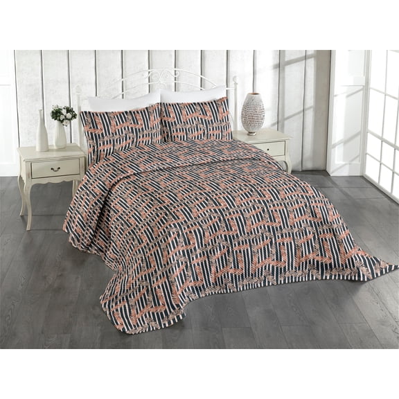 Ambesonne Vintage Quilted Coverlet 2 Pcs, Romantic Leaves Drawing Art, Twin Size, Blush Dark Grey and Salmon