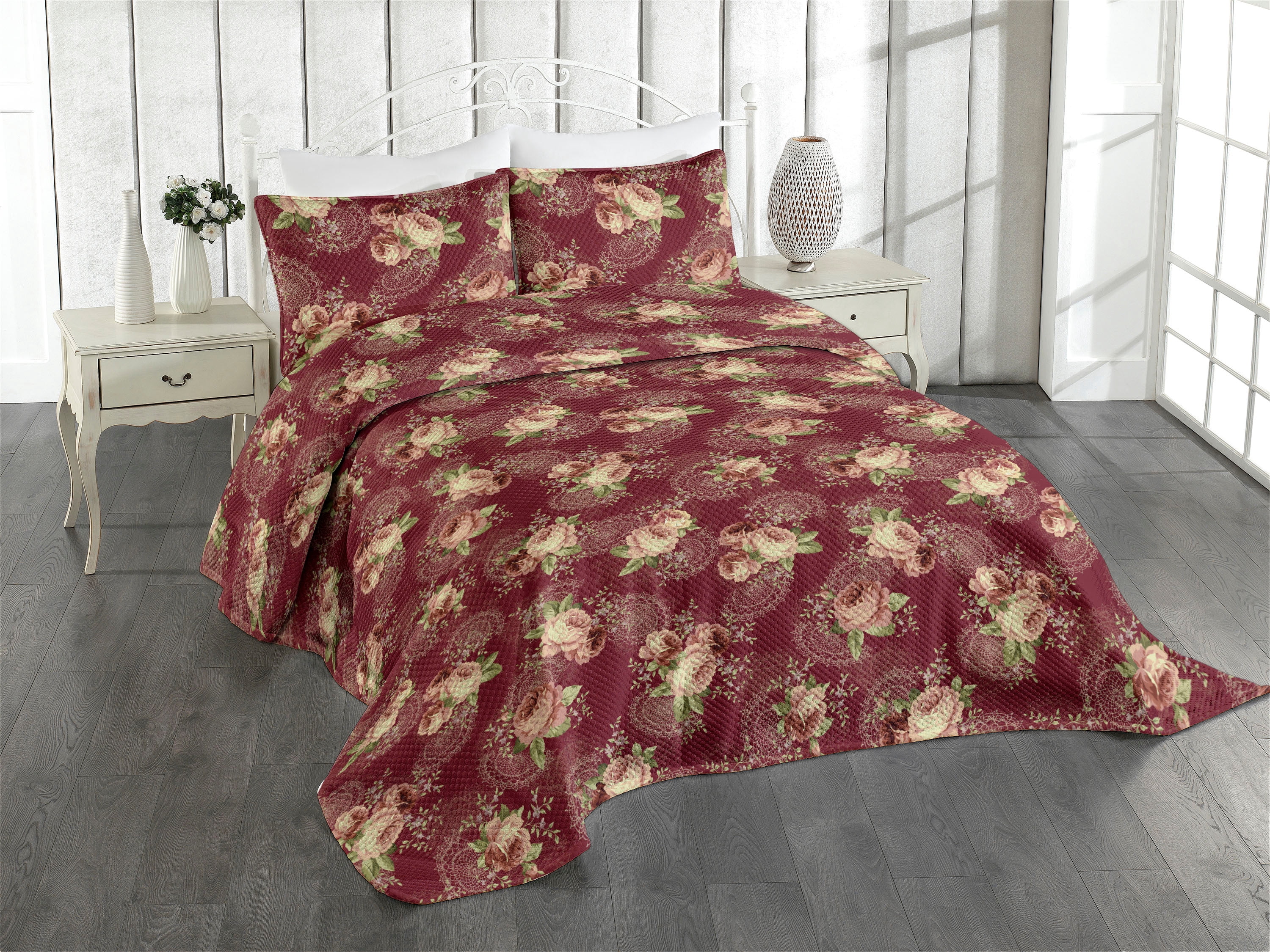 Coverlet Rust Ambesonne Vintage Quilted Coverlet 2 Pcs, Roses Leaves Floral Plot ...