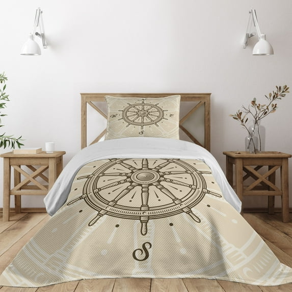 Ambesonne Vintage Quilted Coverlet 2 Pcs, Steering Wheel Travel, Twin Size, Beige Brown