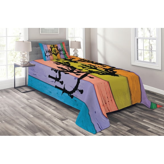 Ambesonne Vintage Quilted Coverlet 2 Pcs, Vertical Wooden Planks, Twin Size, Multicolor