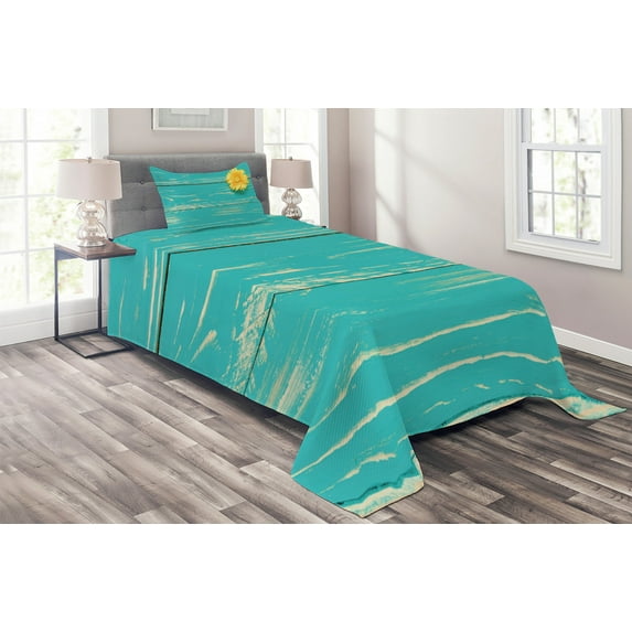 Ambesonne Vintage Quilted Coverlet 2 Pcs, Wooden Spring Floral, Twin Size, Turquoise Yellow